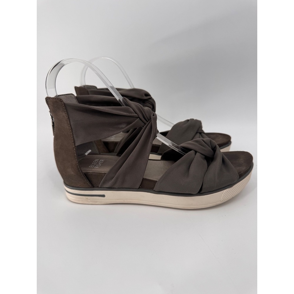 Eileen Fisher Sport Platform Sandals Women 7.5 Green Knot Mesh Back Zip